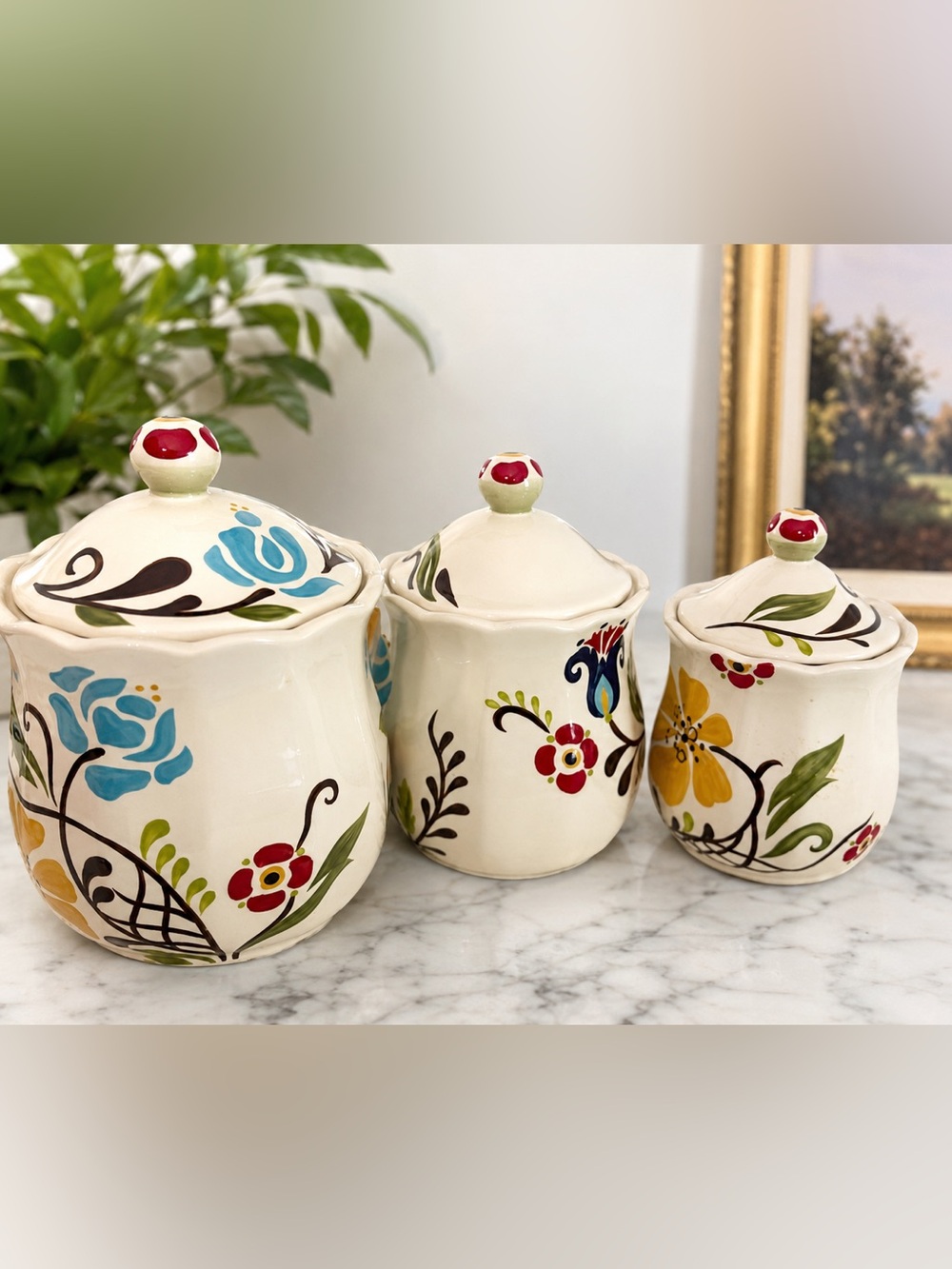 Vida by Eva Mendes “Jardine” Hand-Painted Ceramic Canister Set of 3 Floral Jars